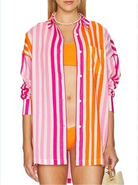 Beach Riot Orange White Pink Striped Button-Up Shirt Beach Cover-Up Size Large